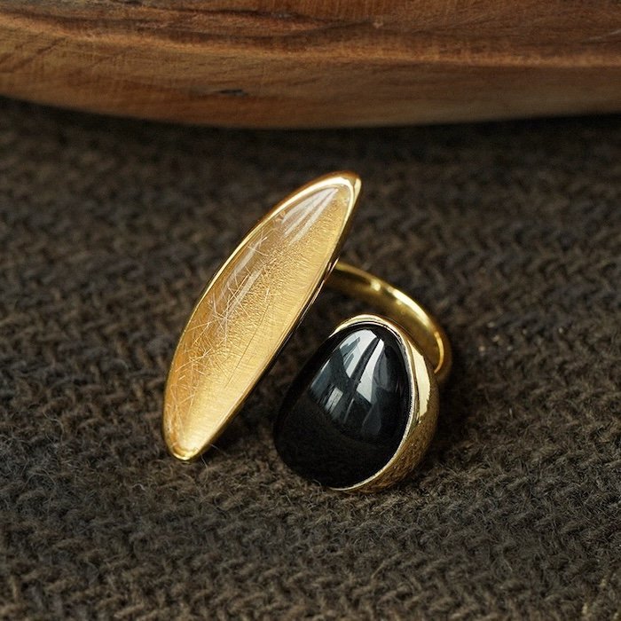 Bold Minimalist Gold Rutilated Quartz Ring - Glow and Vital