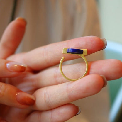 Goud vermeil minimalistische ronde edelsteen ring - verstelbaar - Lapis Lazuli - Glow and Vital