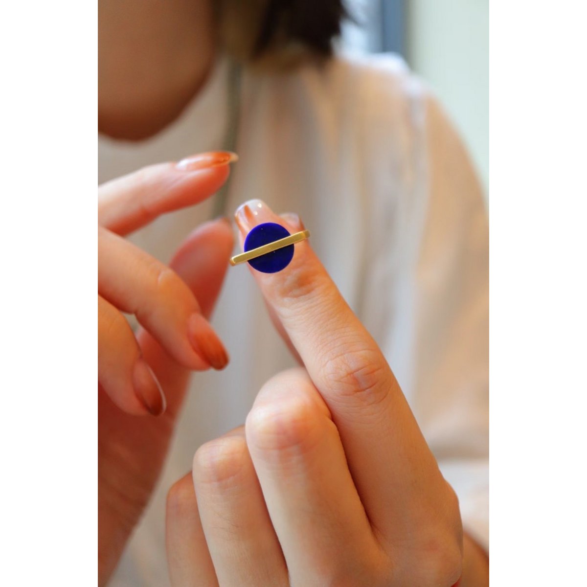 Goud vermeil minimalistische ronde edelsteen ring - verstelbaar - Lapis Lazuli - Glow and Vital