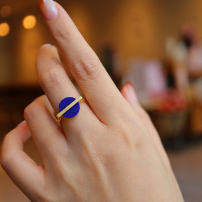 Goud vermeil minimalistische ronde edelsteen ring - verstelbaar - Lapis Lazuli - Glow and Vital