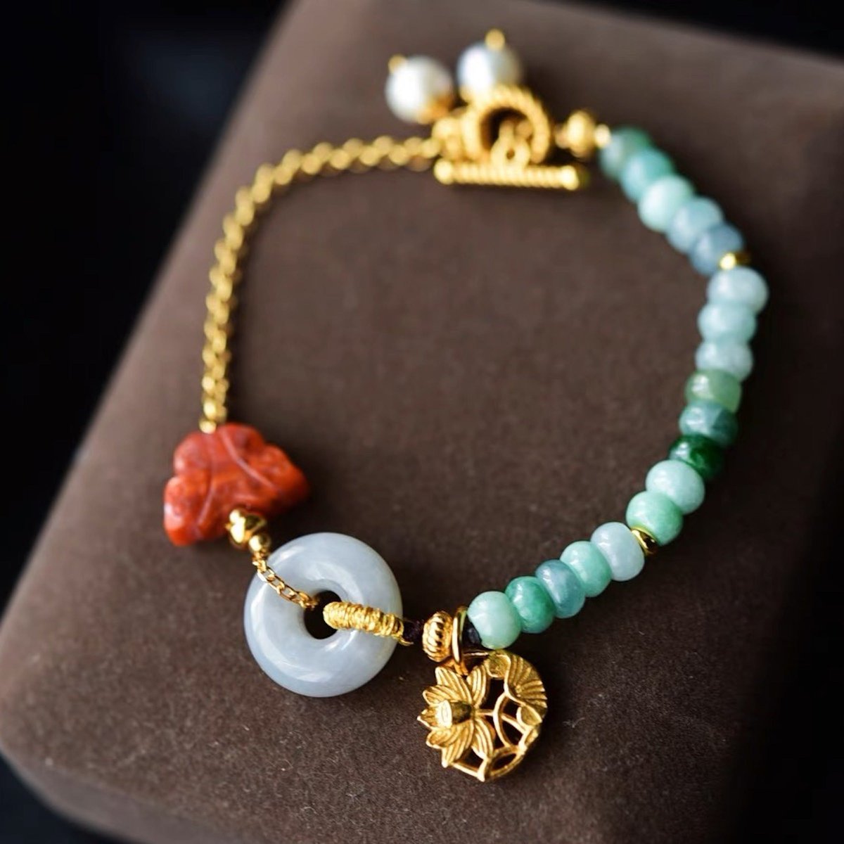 Natural Jade and Southern Red Agate Goodluck Bracelet - Gold vermeil - AAAA Quality - Glow and Vital